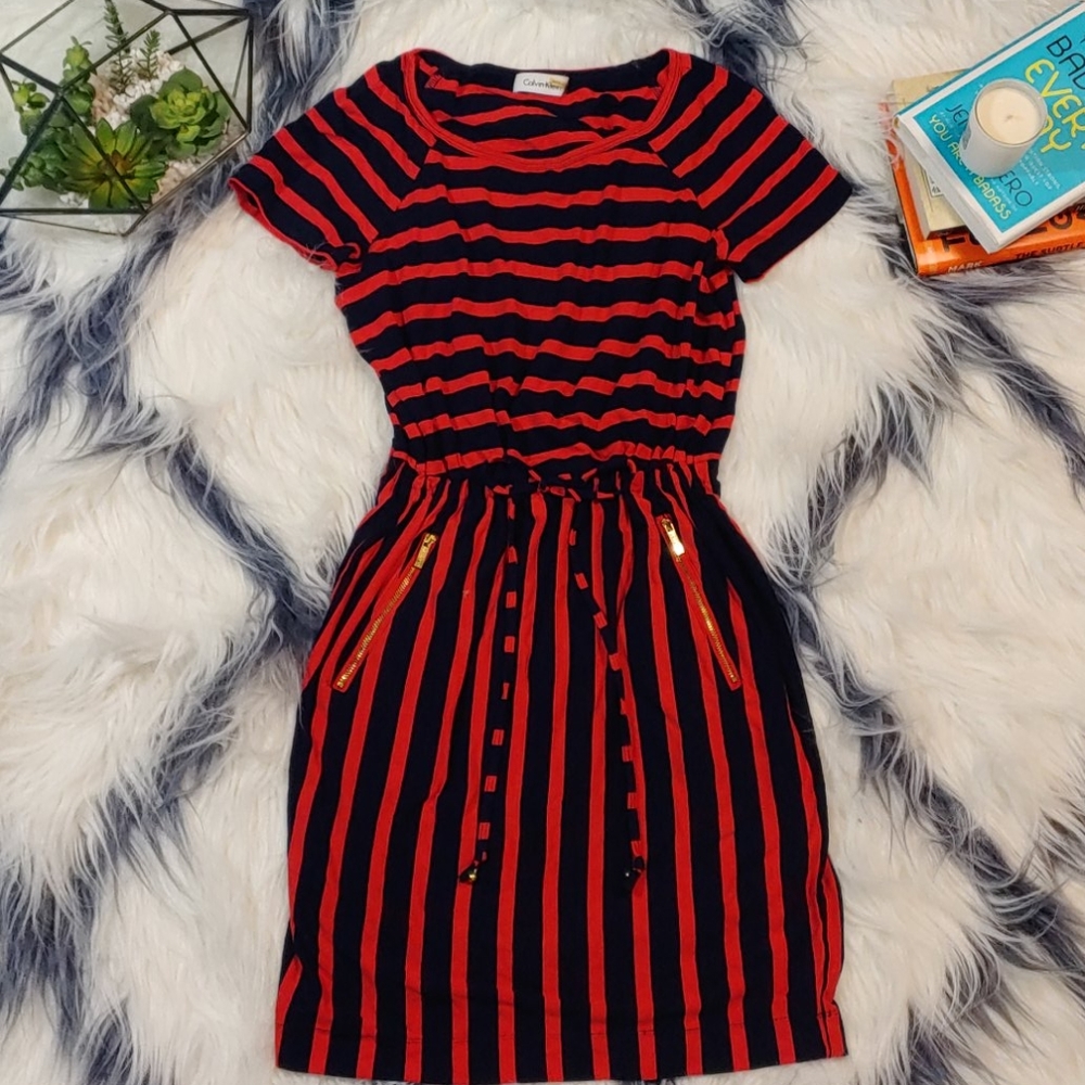 Calvin Klein Red & Navy Striped Sheath Dress
